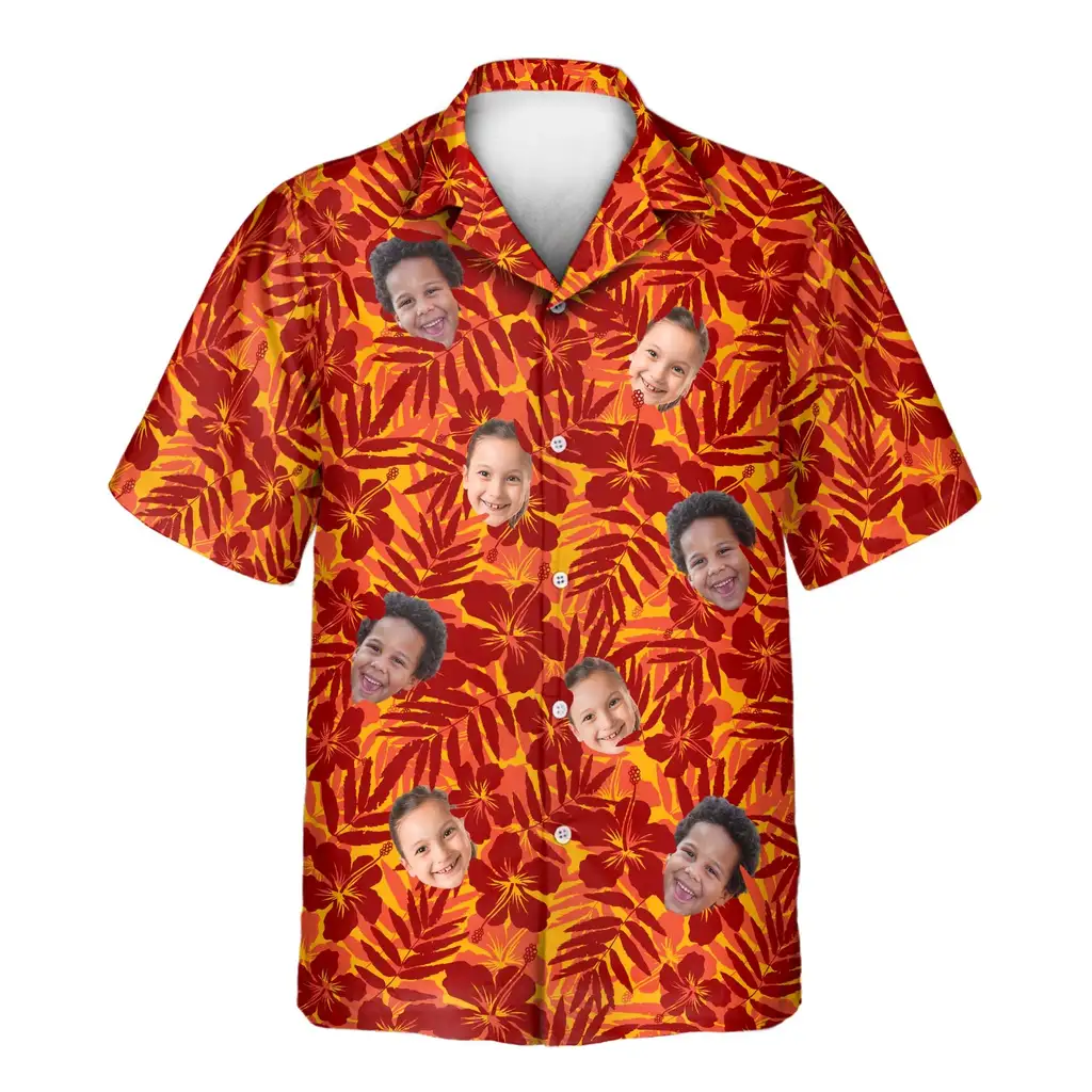 1 Red And Orange Tropical Silhouettes Aloha Custom Hawaiian Shirts With Faces Or Logos