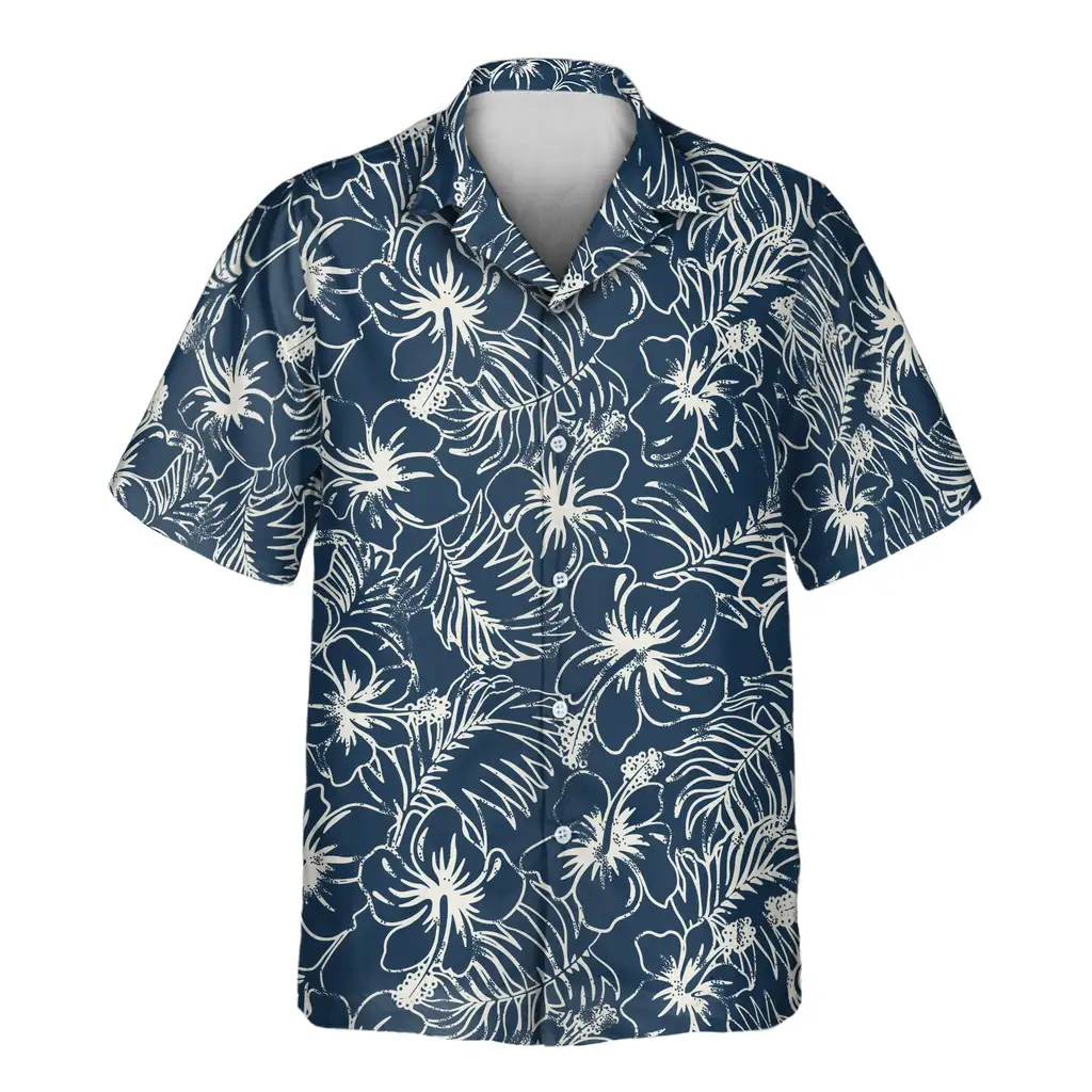 2 Navy Hibiscus Paradise Aloha Custom Hawaiian Shirts With Faces Or Logos