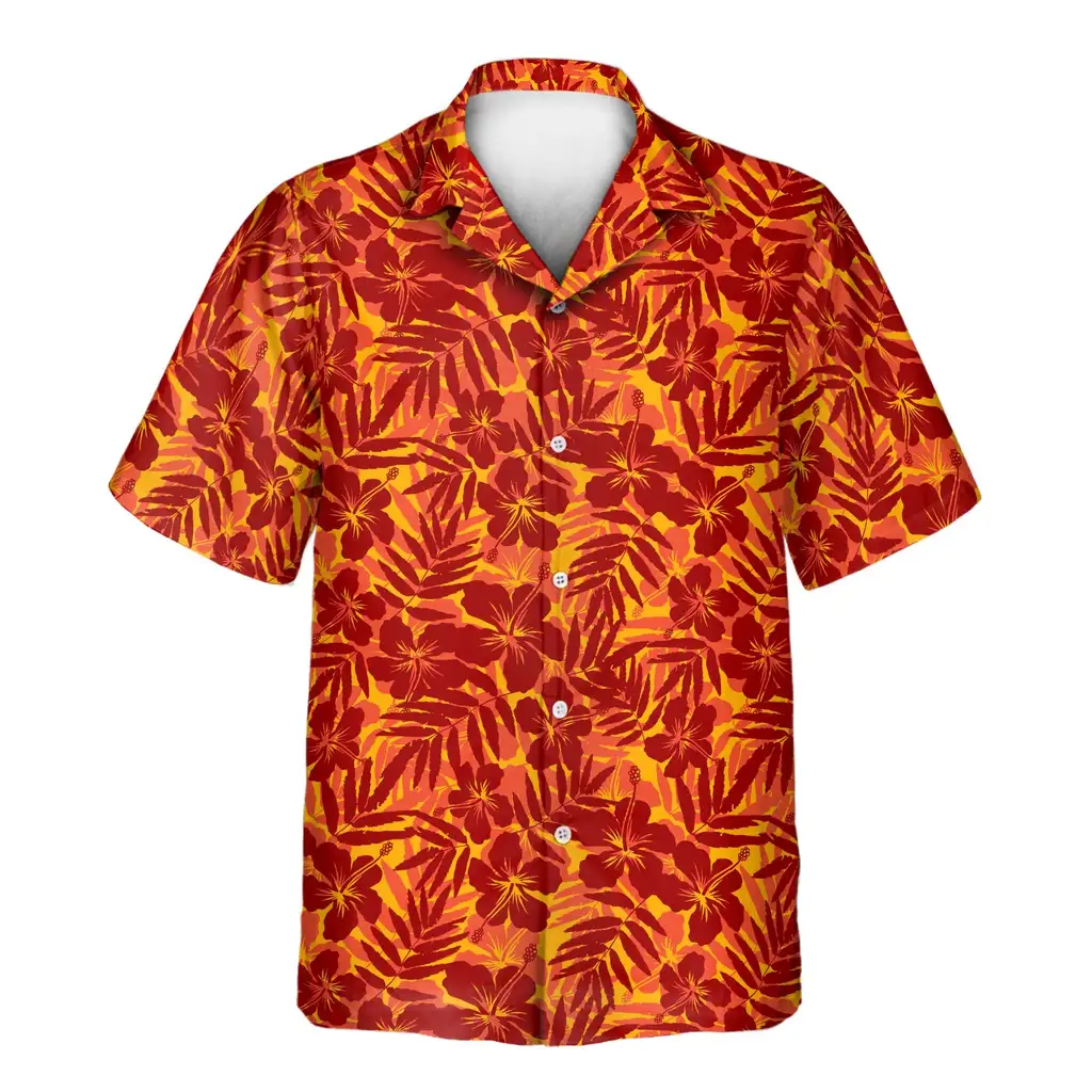 2 Red And Orange Tropical Silhouettes Aloha Custom Hawaiian Shirts With Faces Or Logos