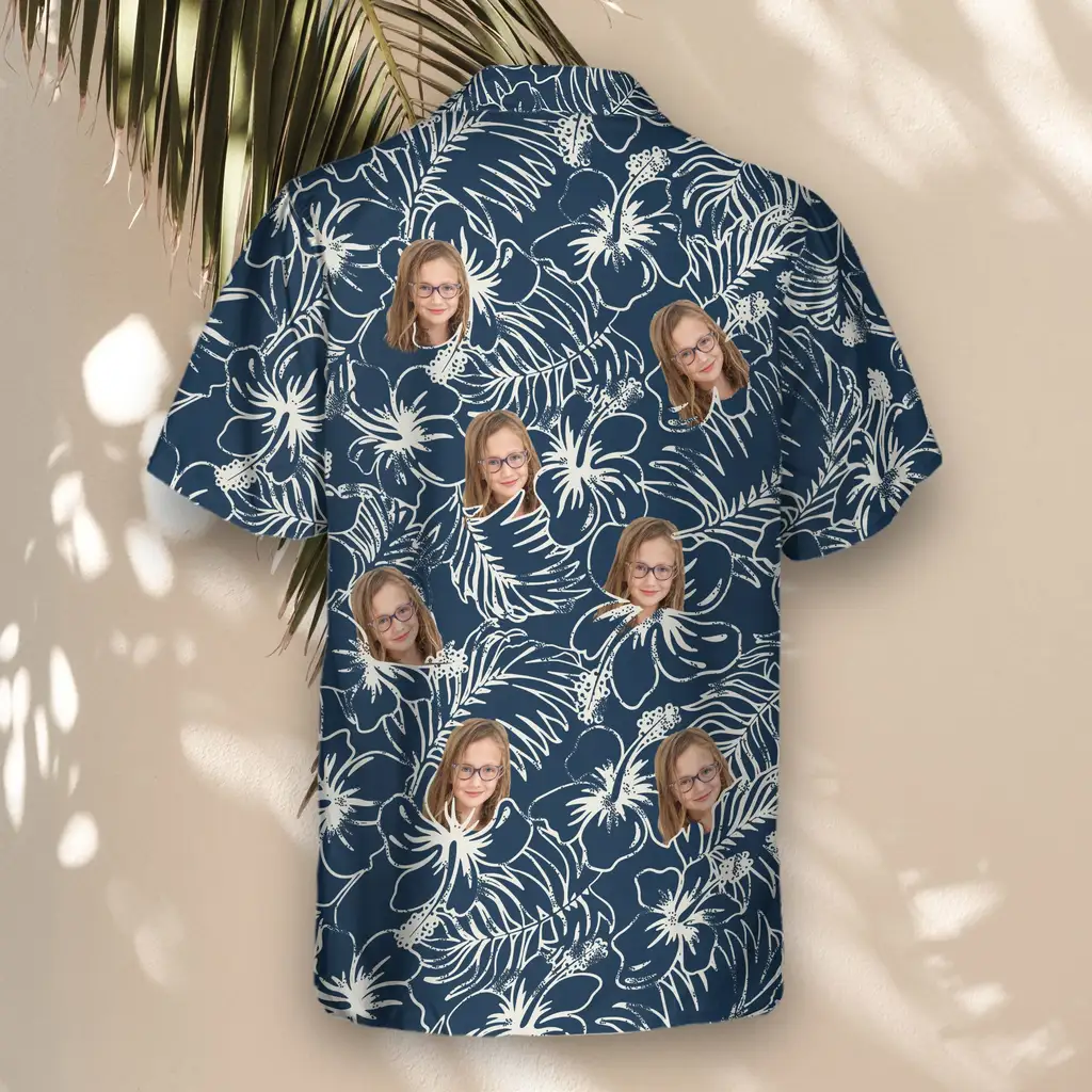 3 Navy Hibiscus Paradise Aloha Custom Hawaiian Shirts With Faces Or Logos