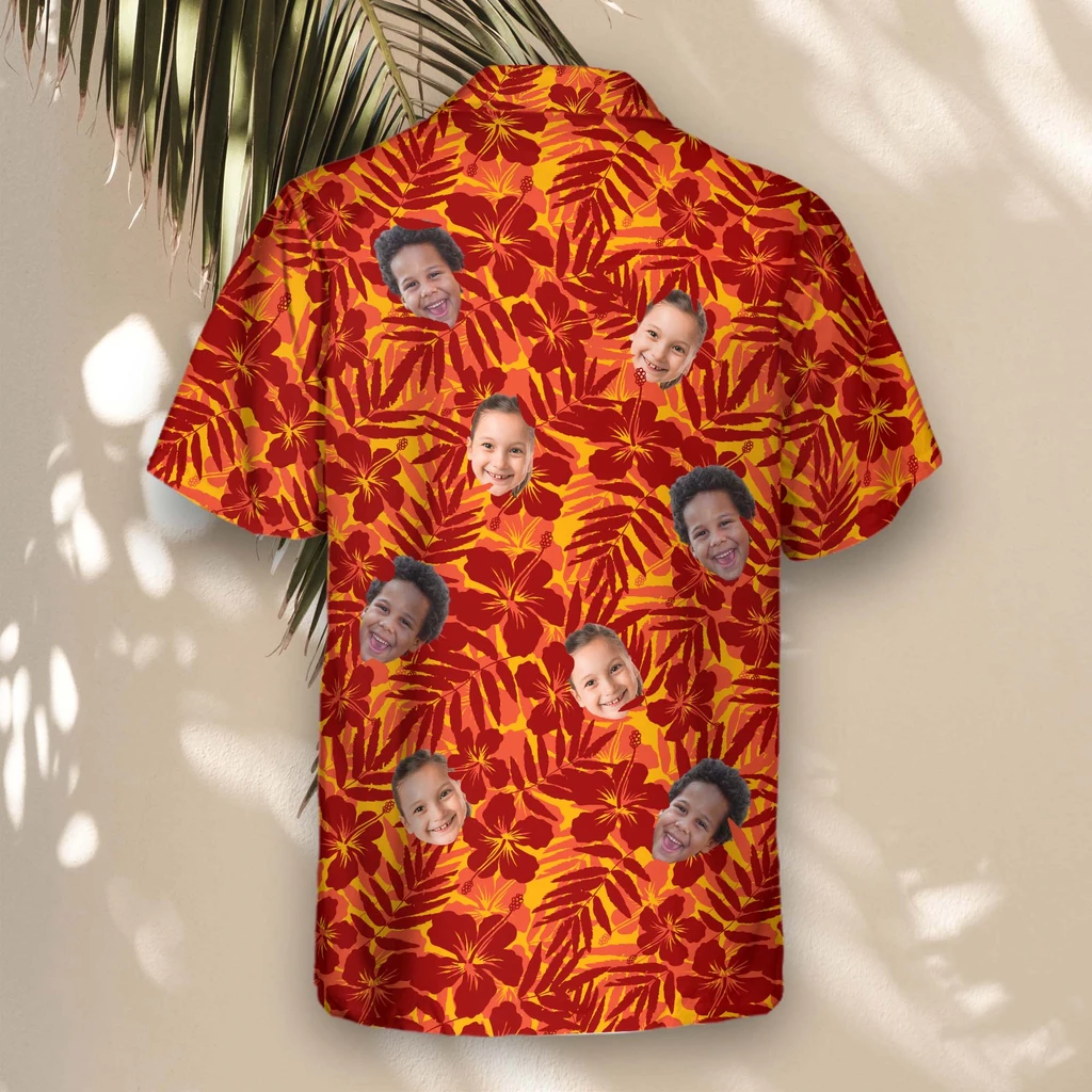 3 Red And Orange Tropical Silhouettes Aloha Custom Hawaiian Shirts With Faces Or Logos