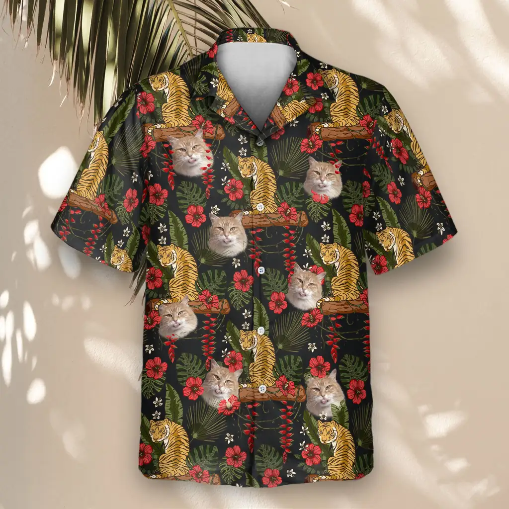 4 Majestic Jungle Tiger Aloha Custom Hawaiian Shirts With Faces Or Logos 4 Majestic Jungle Tiger Aloha Custom Hawaiian Shirts With Faces Or Logos