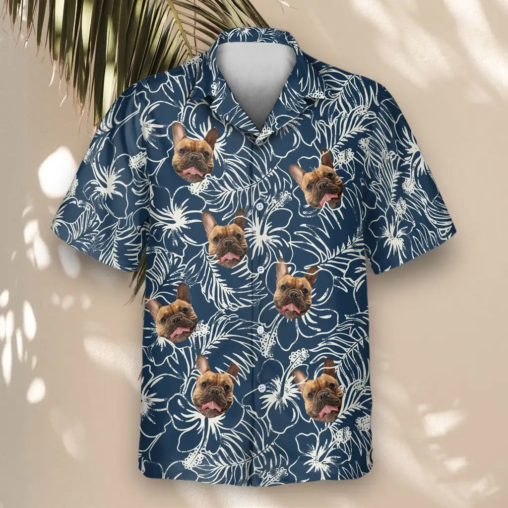 4 Navy Hibiscus Paradise Aloha Custom Hawaiian Shirts With Faces Or Logos