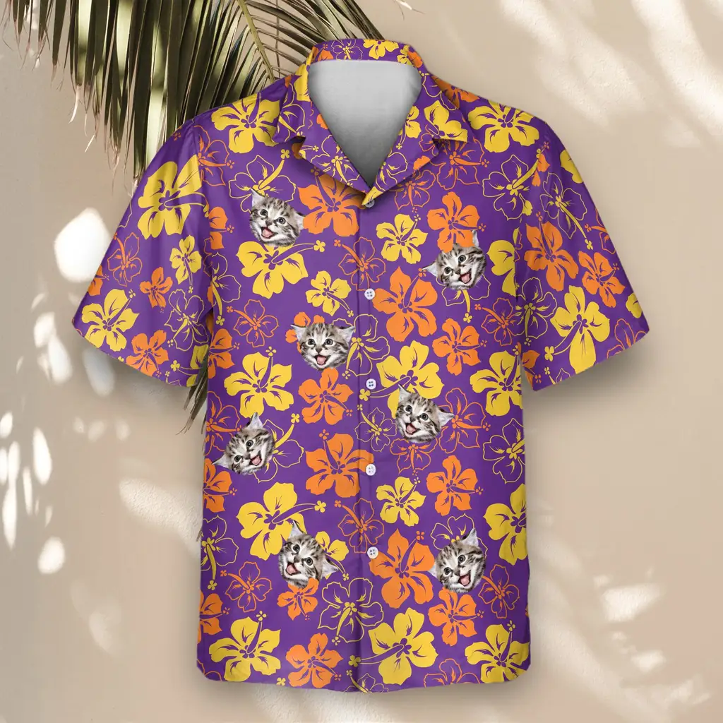 4 Purple Floral Hibiscus Aloha Custom Hawaiian Shirts With Faces Or Logos