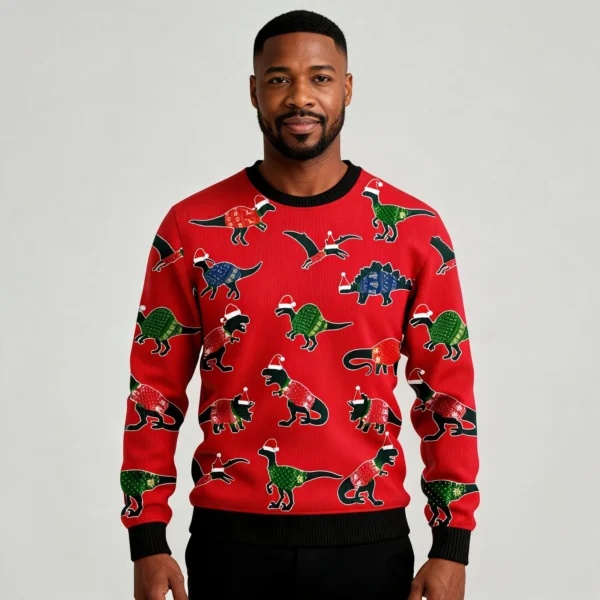 Amazing Dinosaur Ugly Christmas Sweater Animal Themed Christmas worn by a model