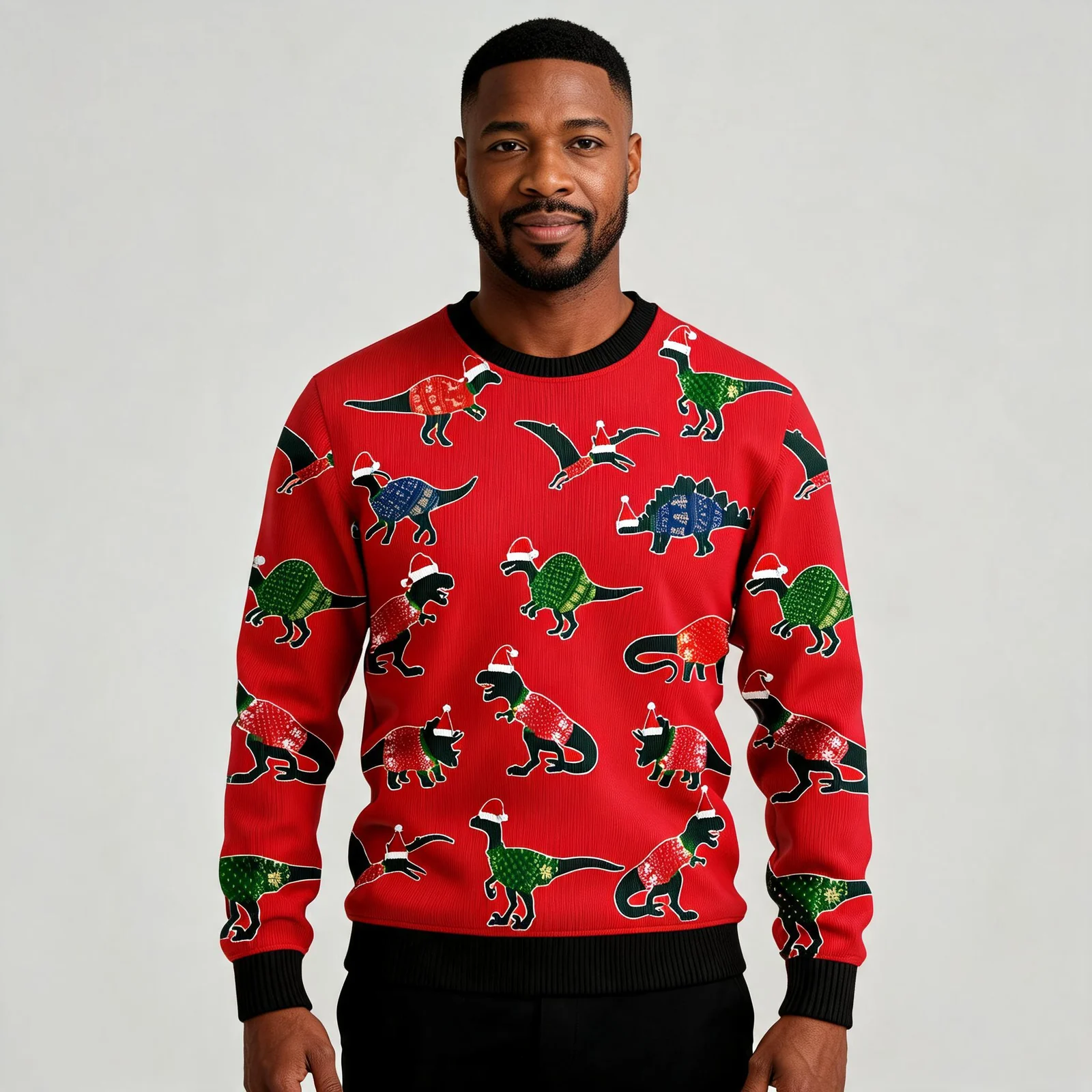Amazing Dinosaur Ugly Christmas Sweater Animal Themed Christmas Amazing Dinosaur Ugly Christmas Sweater Animal Themed Christmas worn by a model