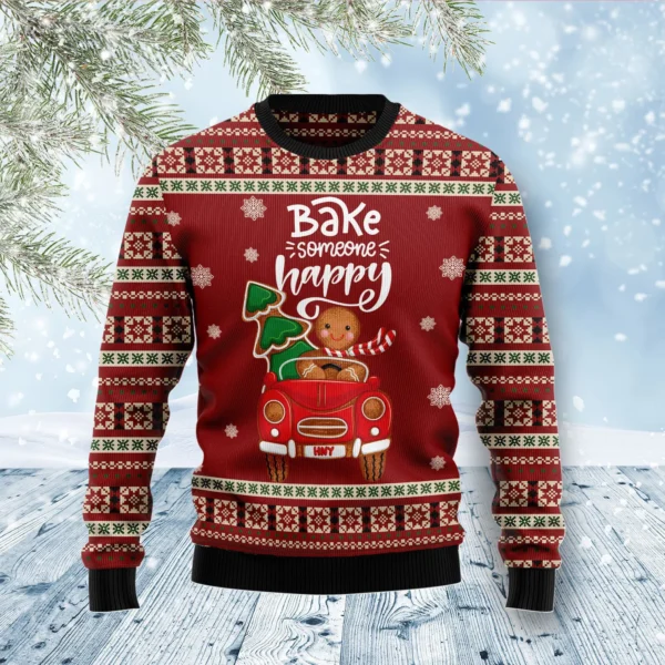 bake someone happy ugly christmas sweater gingerbread design.webp