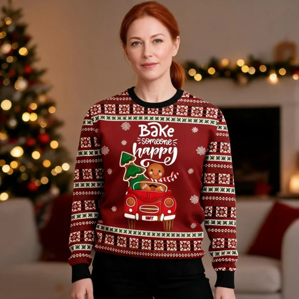 Bake Someone Happy Ugly Christmas Sweater Gingerbread Design worn by a model