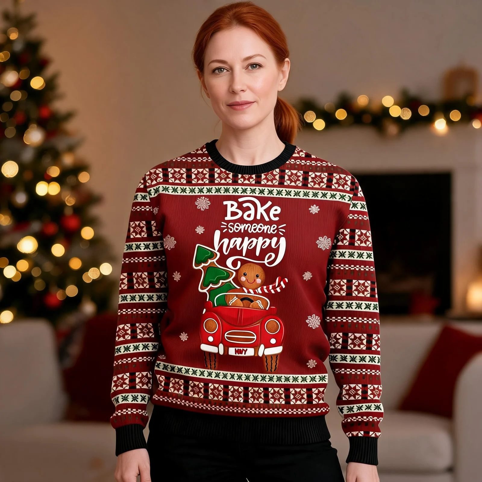 Bake Someone Happy Ugly Christmas Sweater Gingerbread Design Bake Someone Happy Ugly Christmas Sweater Gingerbread Design worn by a model