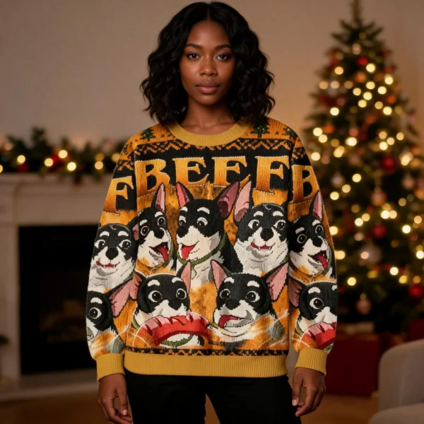 Beef Dispatch Game Christmas Ugly Sweater Xmas Apparel Dog Christmas worn by a model