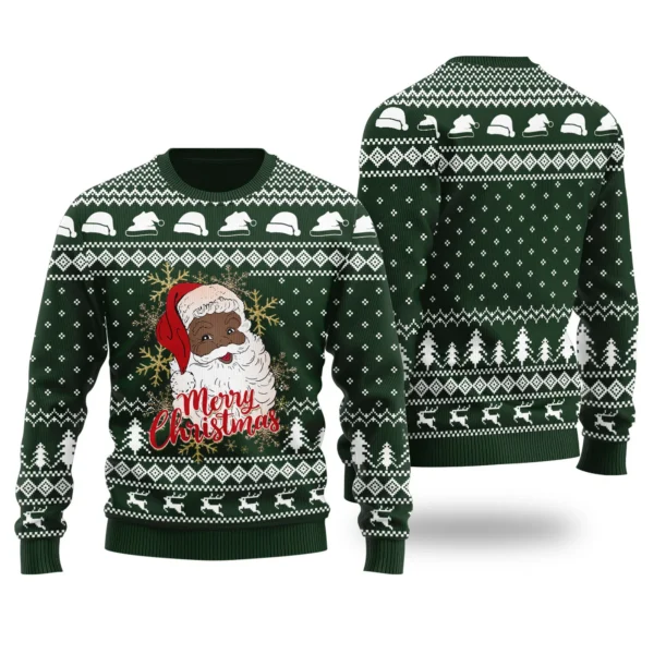 black santa merry christmas ugly christmas sweater forest green.webp