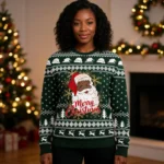 Black Santa Merry Christmas Ugly Christmas Sweater Forest Green
