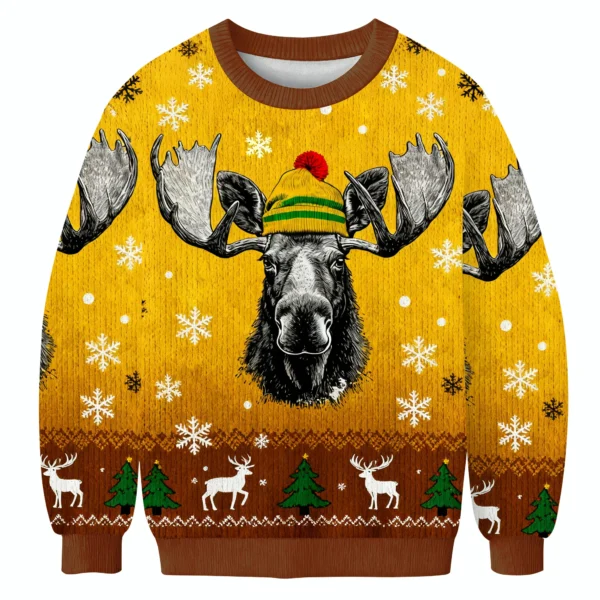 bull moose wearing beanie christmas ugly sweater festive wear.webp