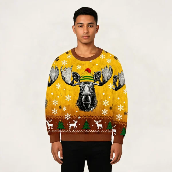 Bull Moose Wearing Beanie Christmas Ugly Sweat