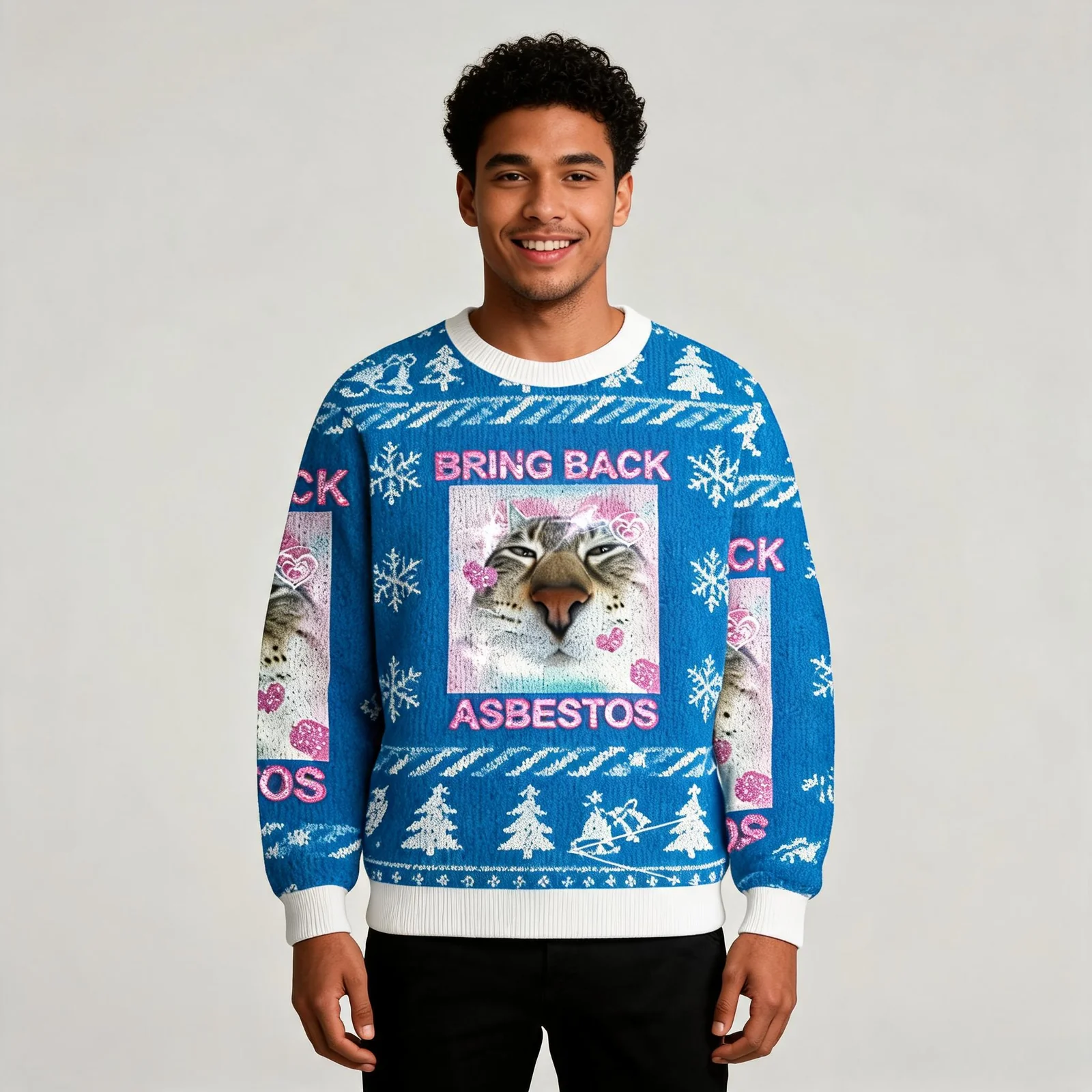 Cat Bring Back Asbestos Christmas Ugly Sweater Winter Clothing Xmas Cat Bring Back Asbestos Christmas Ugly Sweater Winter Clothing Xmas worn by a model