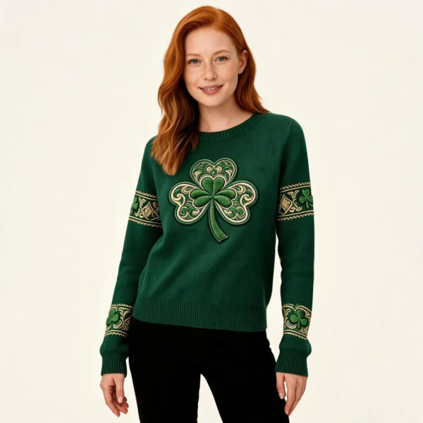 Celtic Shamrock Ornate Knit Sweater St Patrick