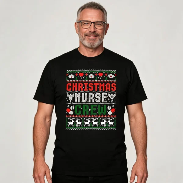 Christmas Nurse Crew Shirt Merry Christmas Ugly Sweater T-Shirt Nurse worn by a model