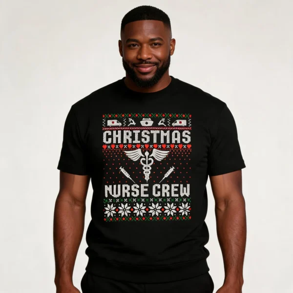 Christmas Nurse Crew Shirt Practitioners Nurse Ugly Sweater T-Shirt worn by a model