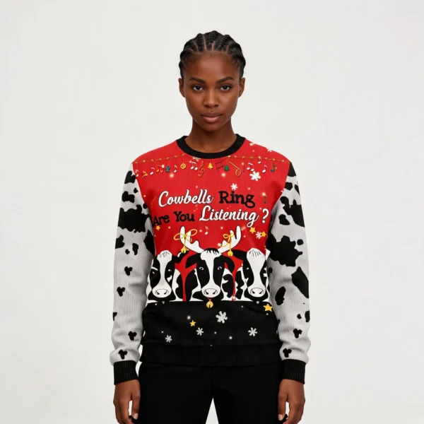 Cow Bell Rings Ugly Christmas Sweater Funny Ch