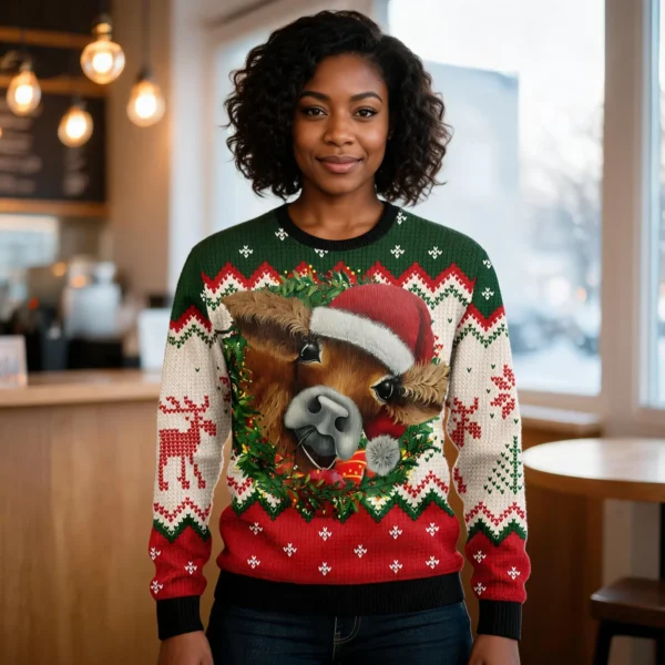 Cow Xmas Ugly Christmas Sweater Cute Xmas Apparel Cow Lover Gift Ideas worn by a model