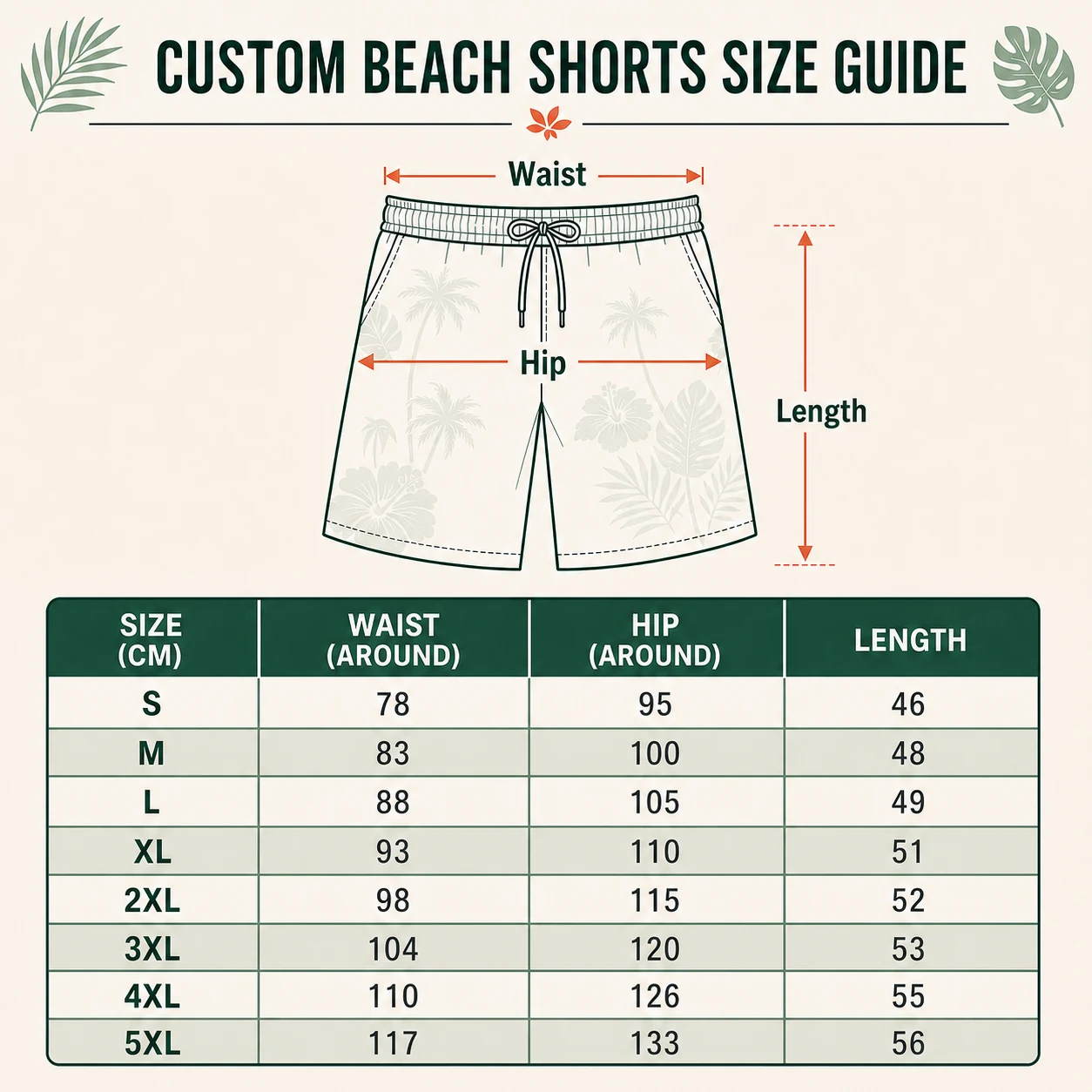 Custom beach shorts size guide with waist, hip, and length measurements in centimeters