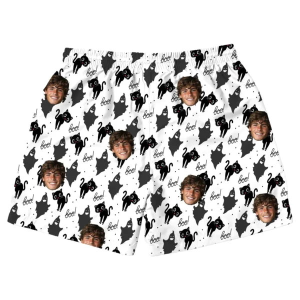 custom face logo halloween black cat beach shorts personalized photo s 1