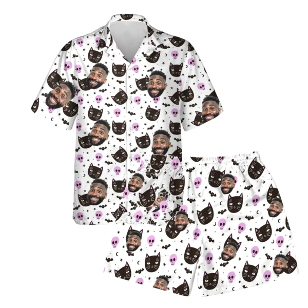 custom face logo halloween black cat hawaiian shirt and shorts set coo 1