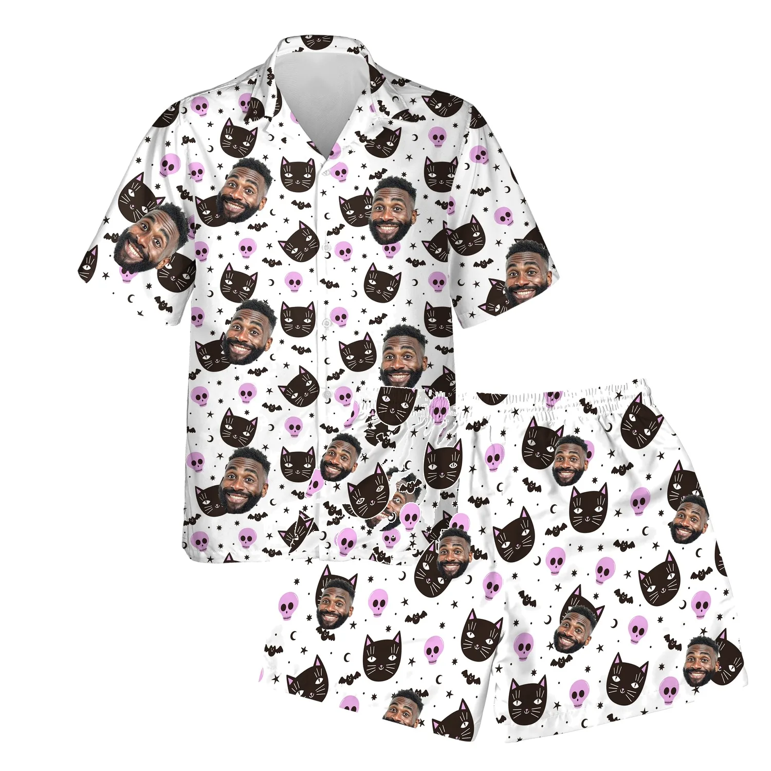 custom face logo halloween black cat hawaiian shirt and shorts set coo 1 custom face logo halloween black cat hawaiian shirt and shorts set coo 1