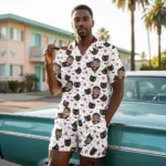 custom face logo halloween black cat hawaiian shirt and shorts set coo design