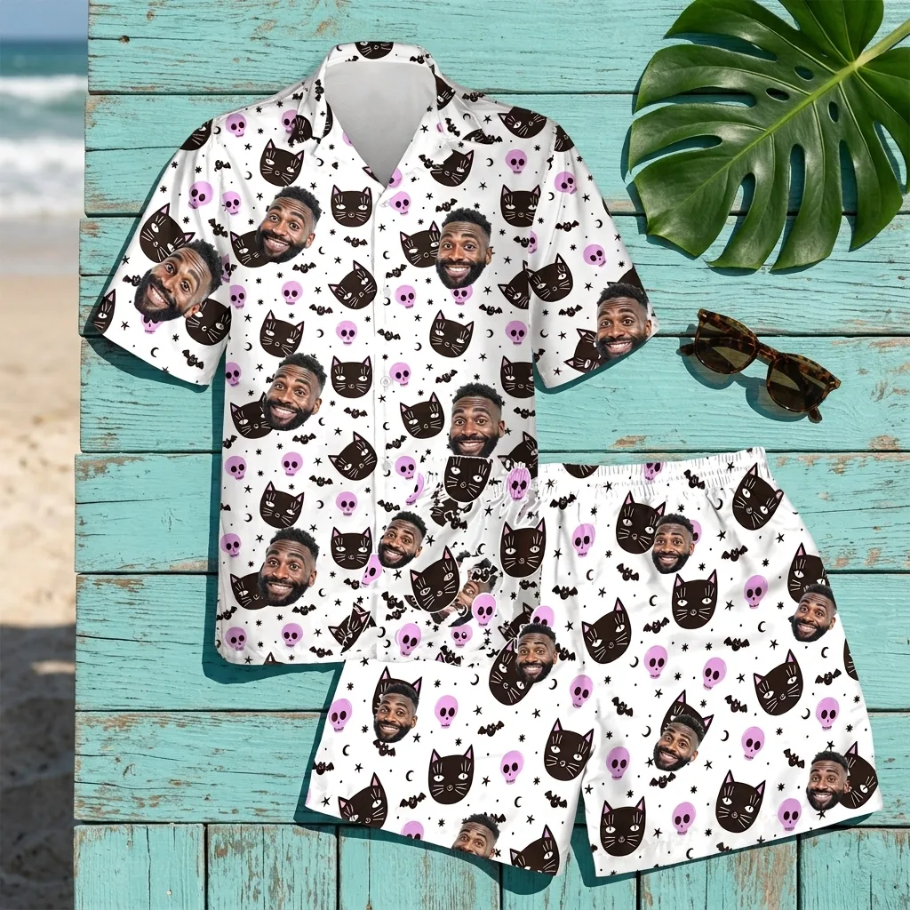 custom face logo halloween black cat hawaiian shirt and shorts set coo 4 custom face logo halloween black cat hawaiian shirt and shorts set coo 4