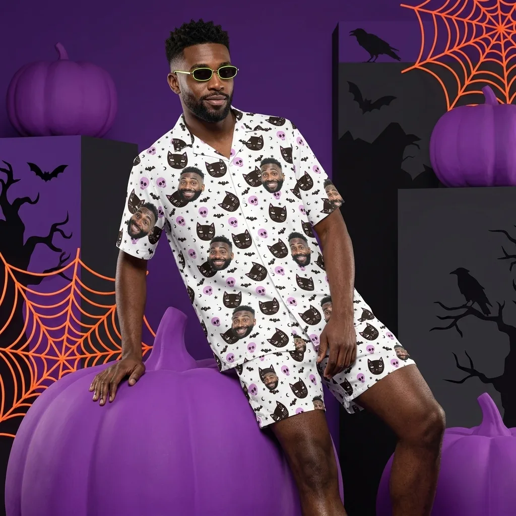 custom face logo halloween black cat hawaiian shirt and shorts set coo 5 custom face logo halloween black cat hawaiian shirt and shorts set coo 5