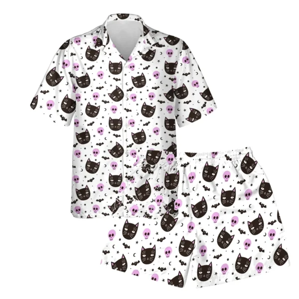 custom face logo halloween black cat hawaiian shirt and shorts set coo design
