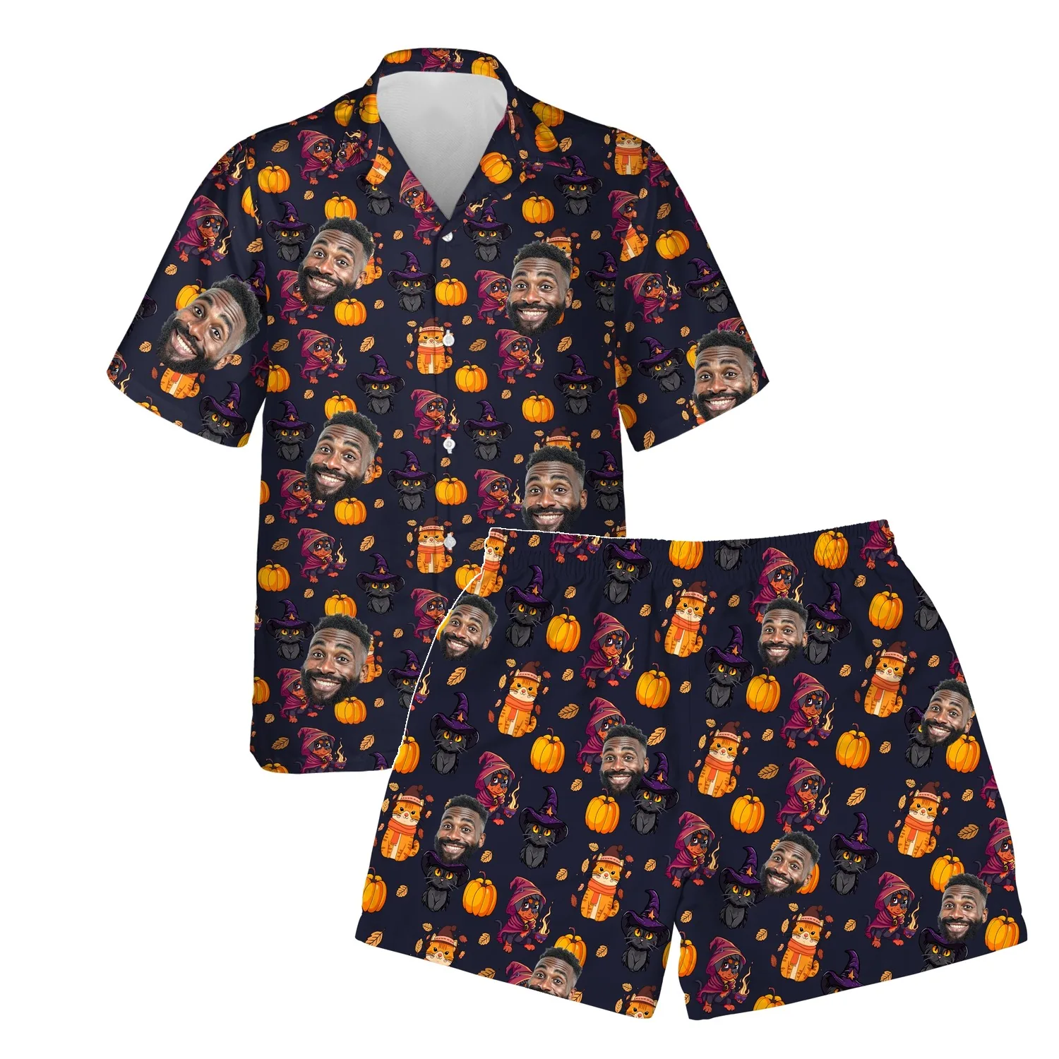custom face logo halloween black cat hawaiian shirt and shorts set ful 1 custom face logo halloween black cat hawaiian shirt and shorts set ful 1