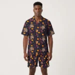custom face logo halloween black cat hawaiian shirt and shorts set ful design