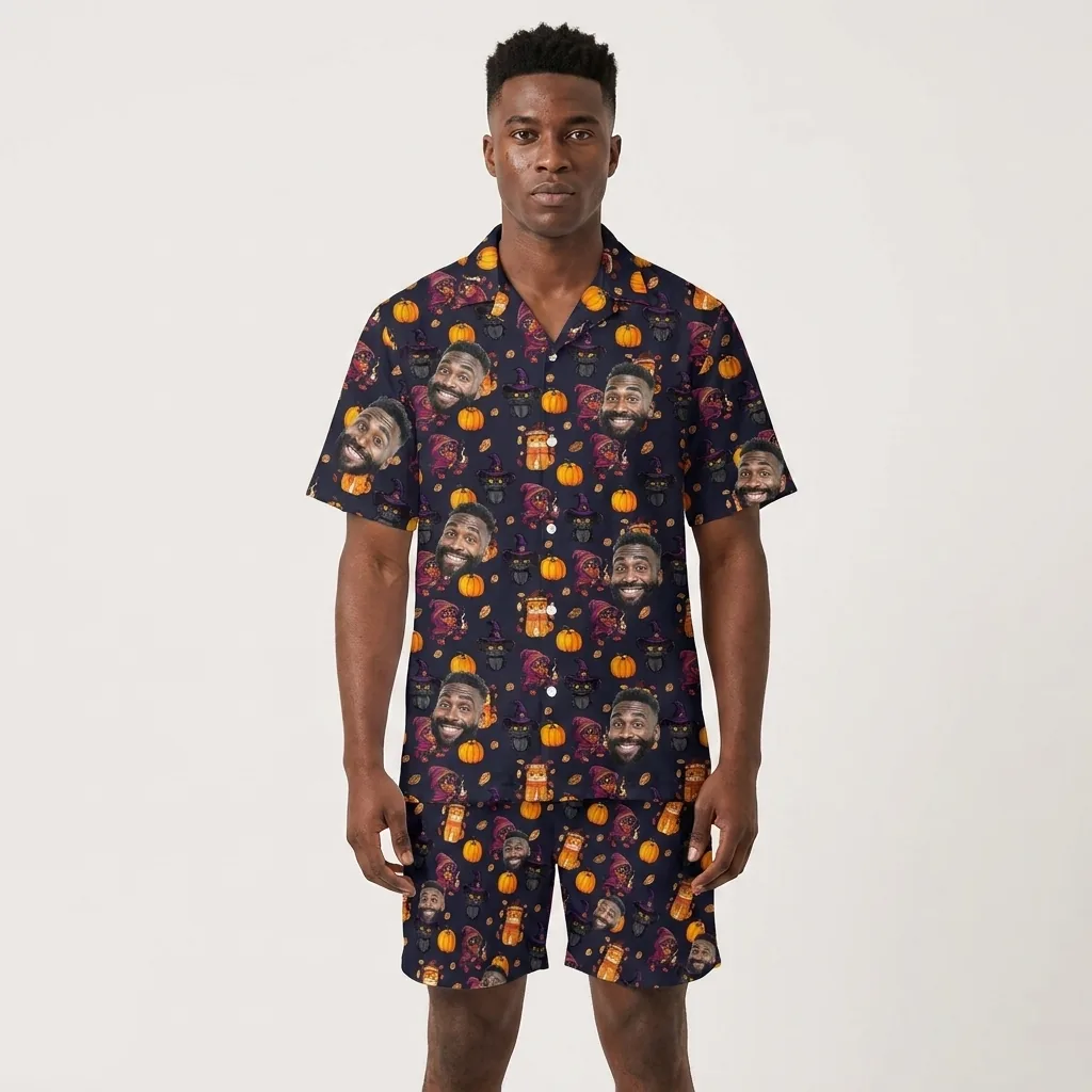 custom face logo halloween black cat hawaiian shirt and shorts set ful 2 custom face logo halloween black cat hawaiian shirt and shorts set ful 2