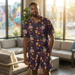 custom face logo halloween black cat hawaiian shirt and shorts set ful design