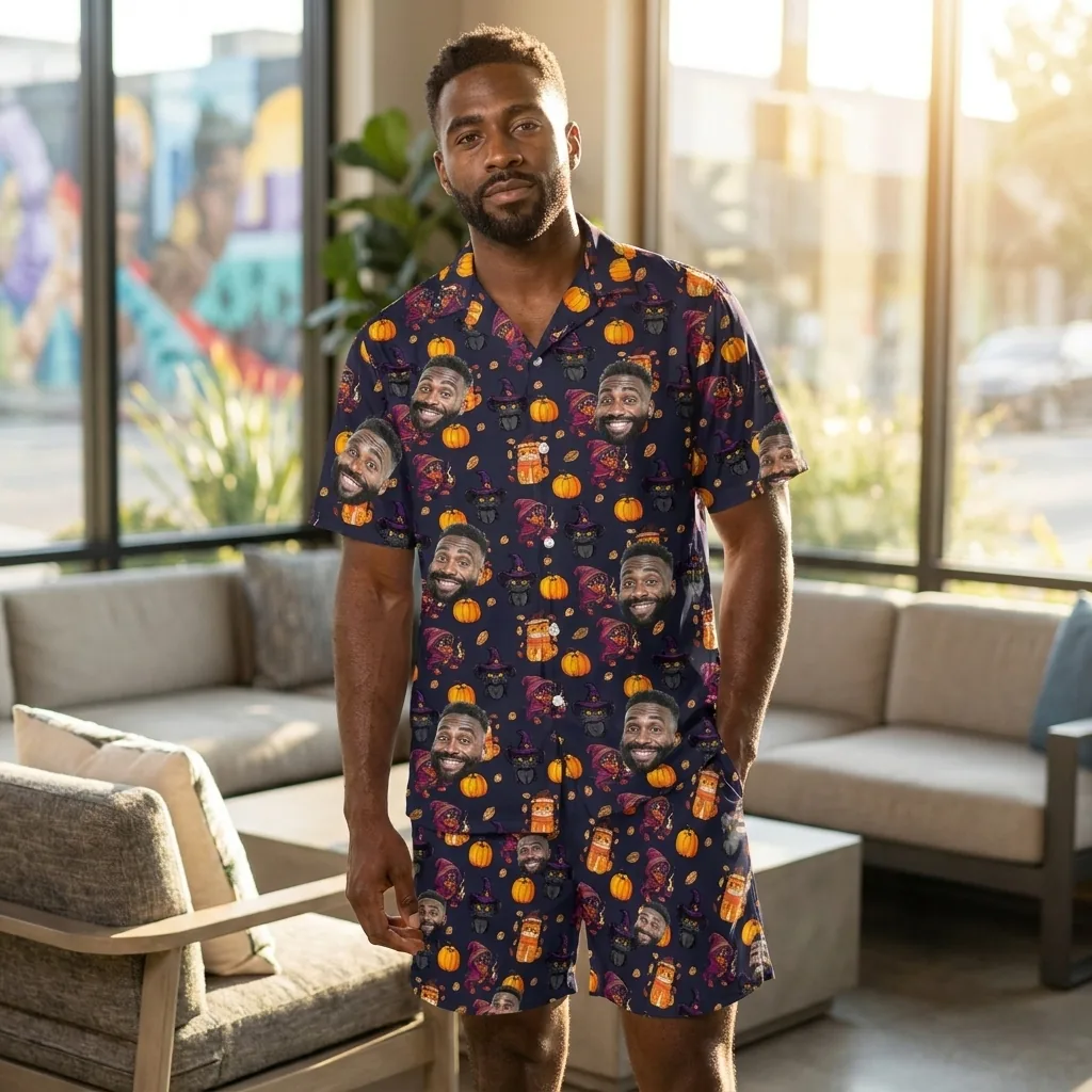 custom face logo halloween black cat hawaiian shirt and shorts set ful 3 custom face logo halloween black cat hawaiian shirt and shorts set ful 3
