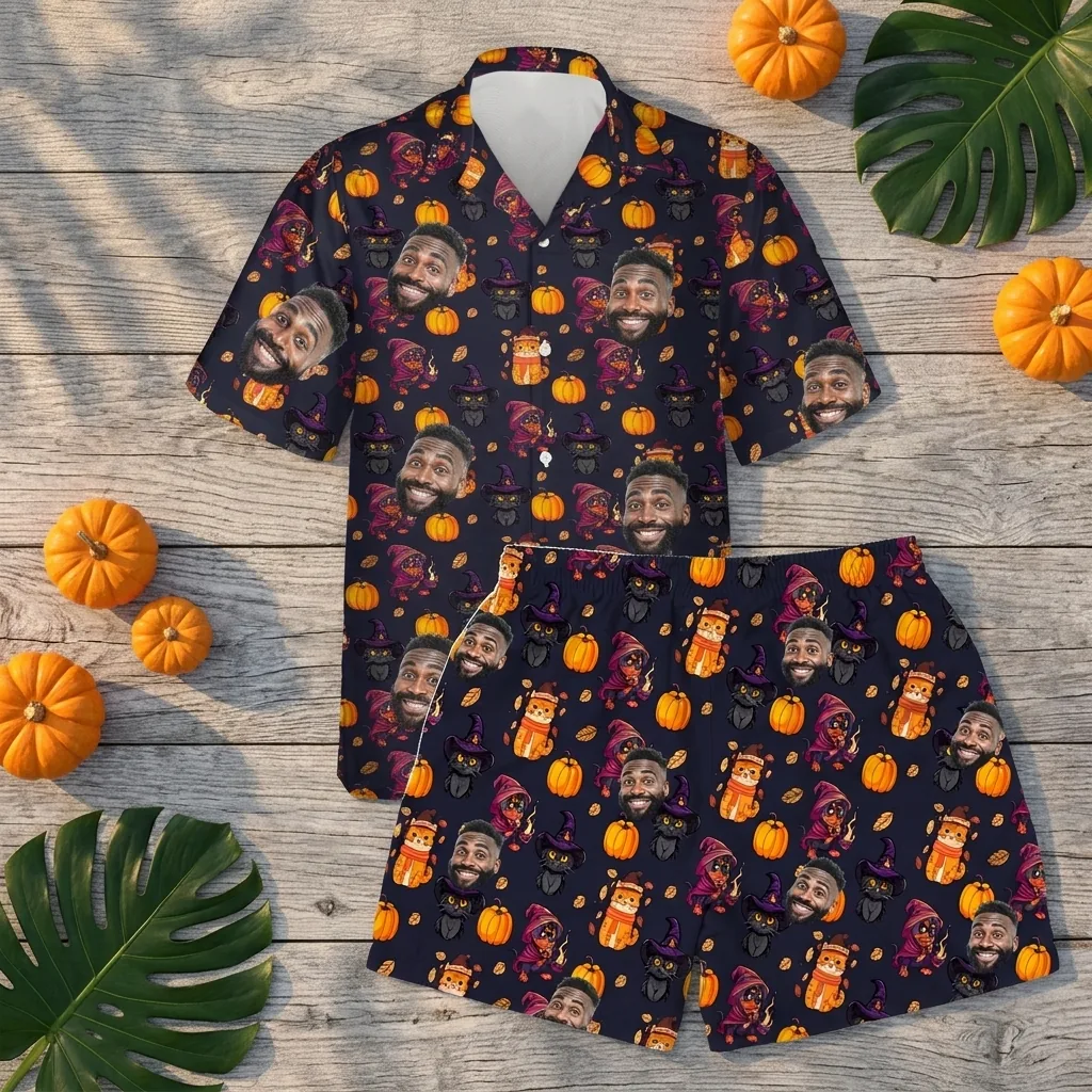 custom face logo halloween black cat hawaiian shirt and shorts set ful 4 custom face logo halloween black cat hawaiian shirt and shorts set ful 4