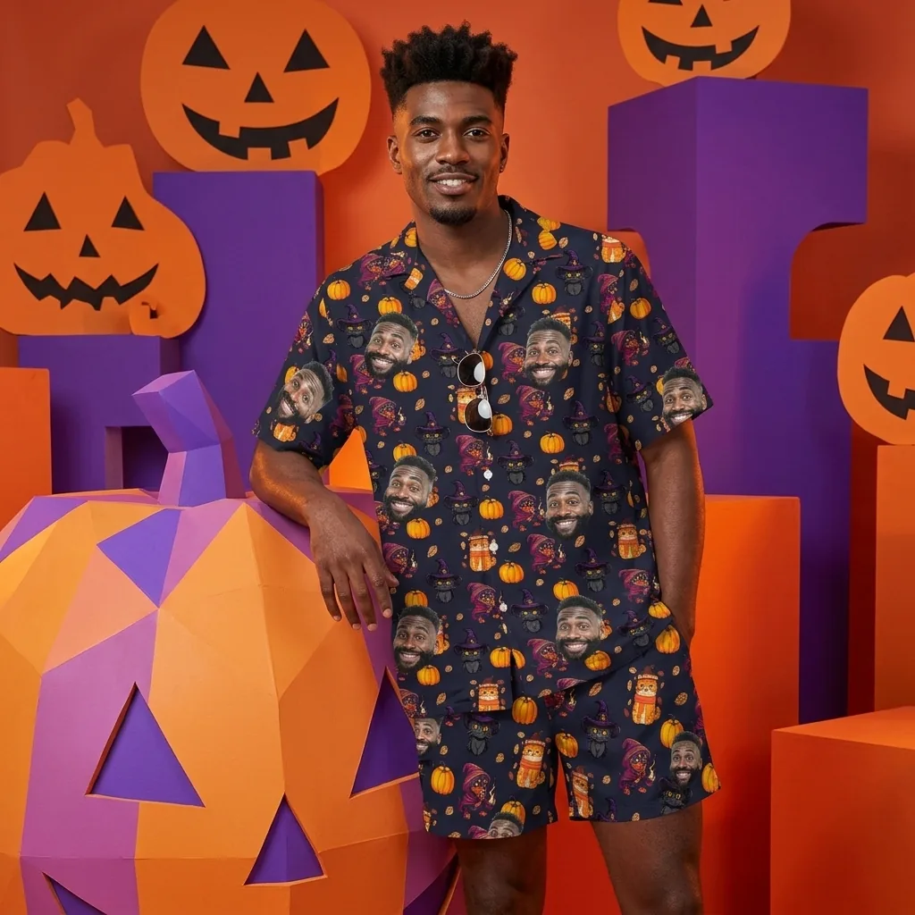 custom face logo halloween black cat hawaiian shirt and shorts set ful 5 custom face logo halloween black cat hawaiian shirt and shorts set ful 5