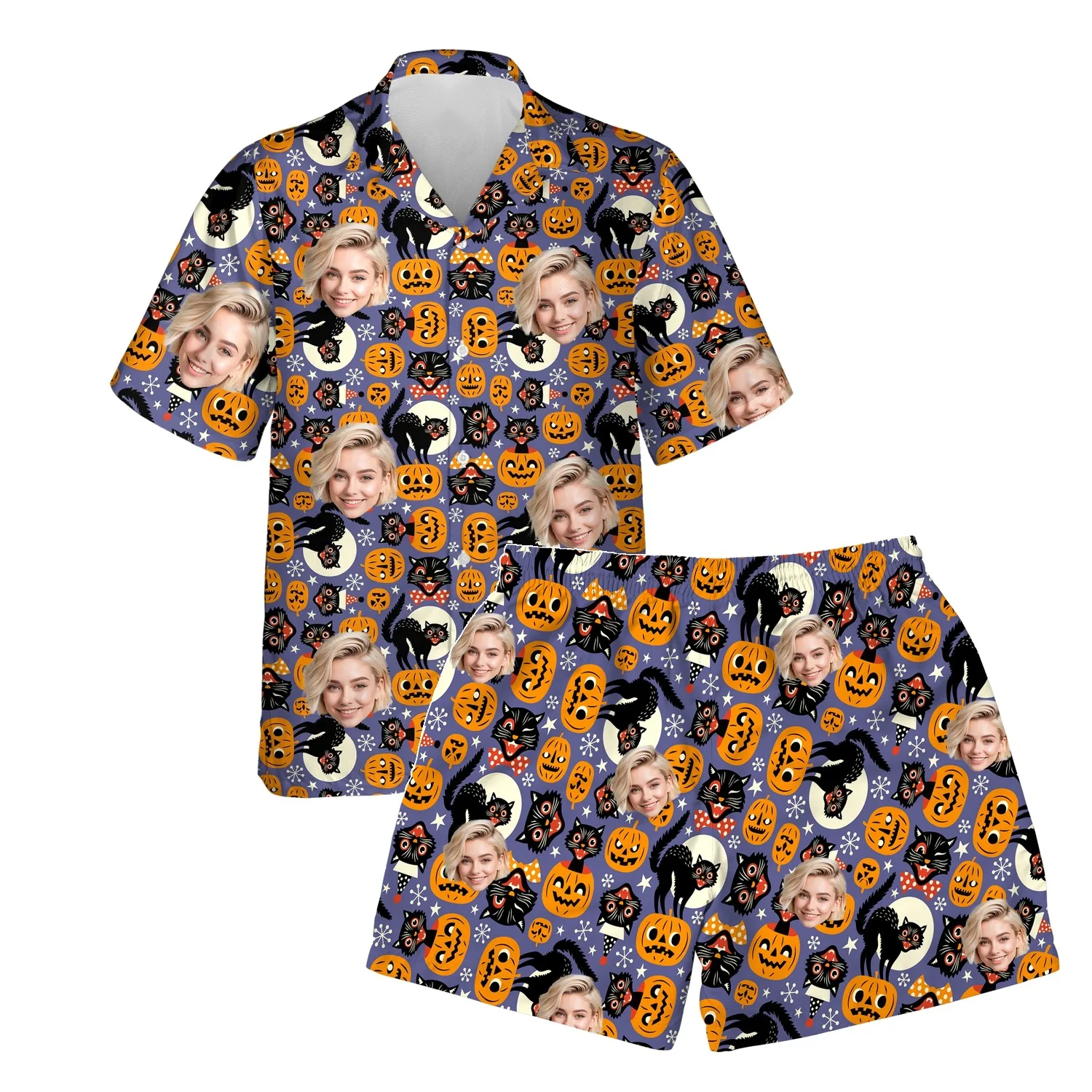custom face logo halloween black cat hawaiian shirt and shorts set his 1 custom face logo halloween black cat hawaiian shirt and shorts set his 1