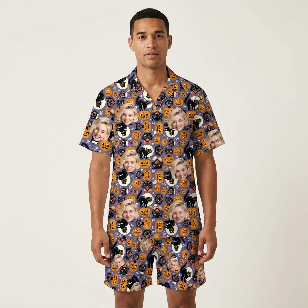 custom face logo halloween black cat hawaiian shirt and shorts set his 2 custom face logo halloween black cat hawaiian shirt and shorts set his 2