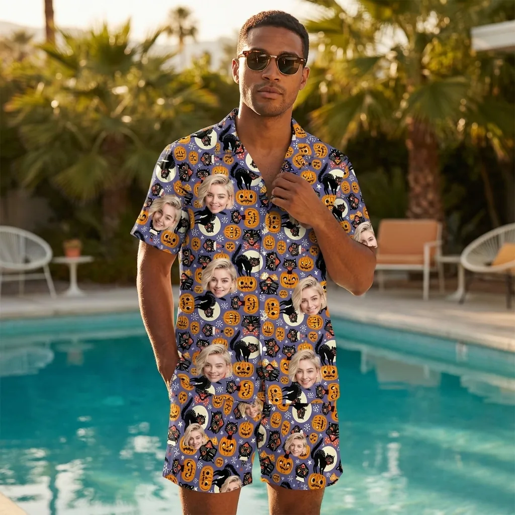 custom face logo halloween black cat hawaiian shirt and shorts set his 3 custom face logo halloween black cat hawaiian shirt and shorts set his 3