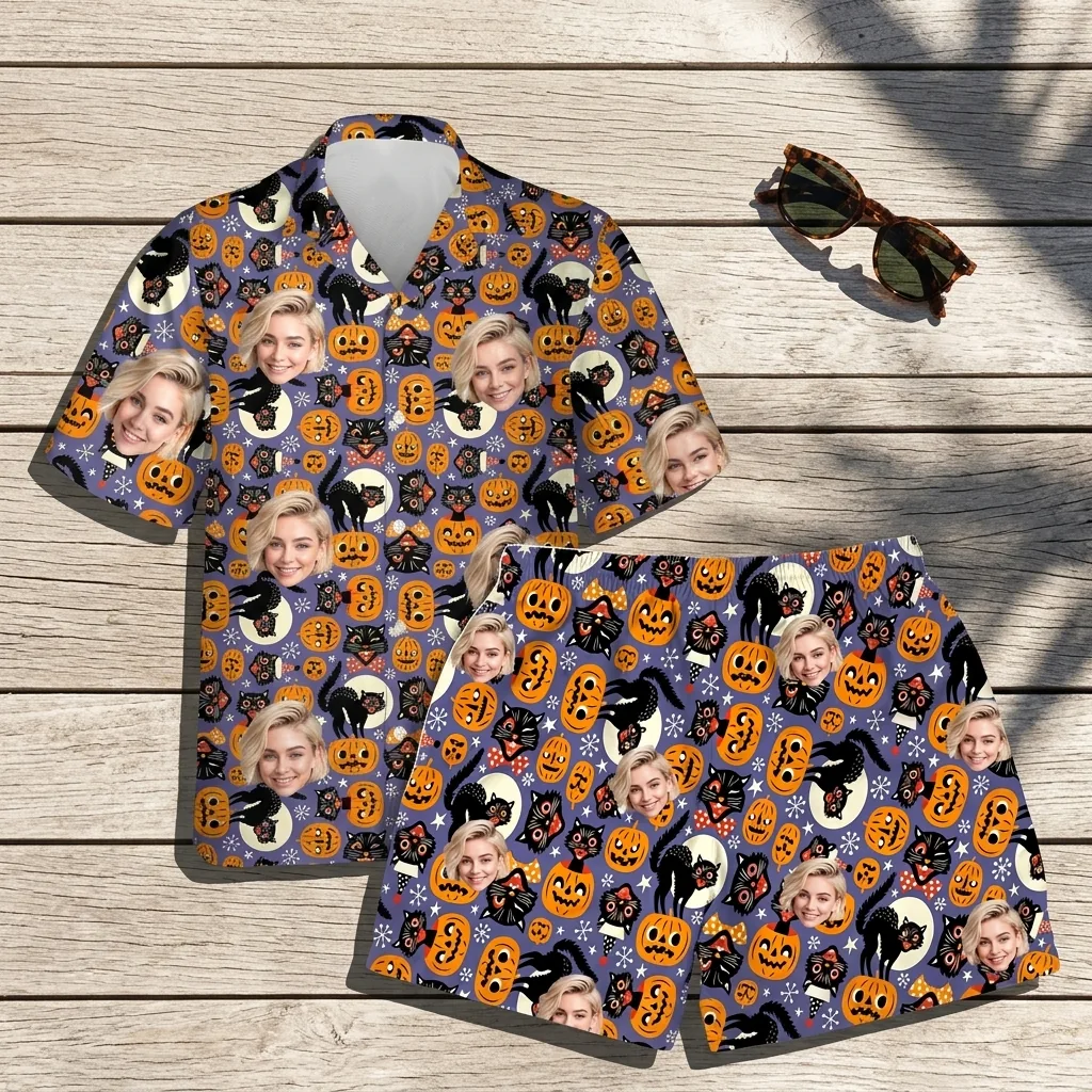 custom face logo halloween black cat hawaiian shirt and shorts set his 4 custom face logo halloween black cat hawaiian shirt and shorts set his 4