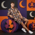 custom face logo halloween black cat hawaiian shirt and shorts set his design