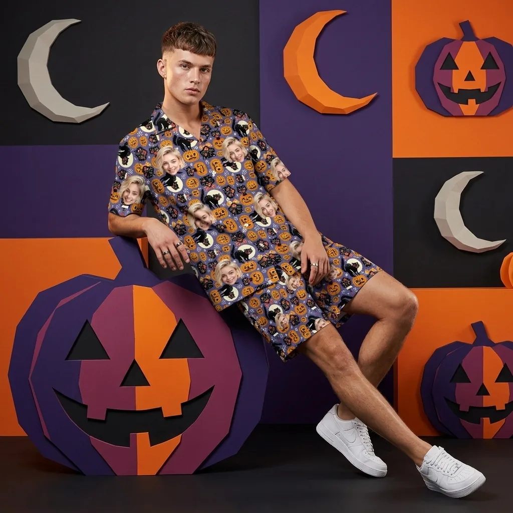 custom face logo halloween black cat hawaiian shirt and shorts set his 5 custom face logo halloween black cat hawaiian shirt and shorts set his 5