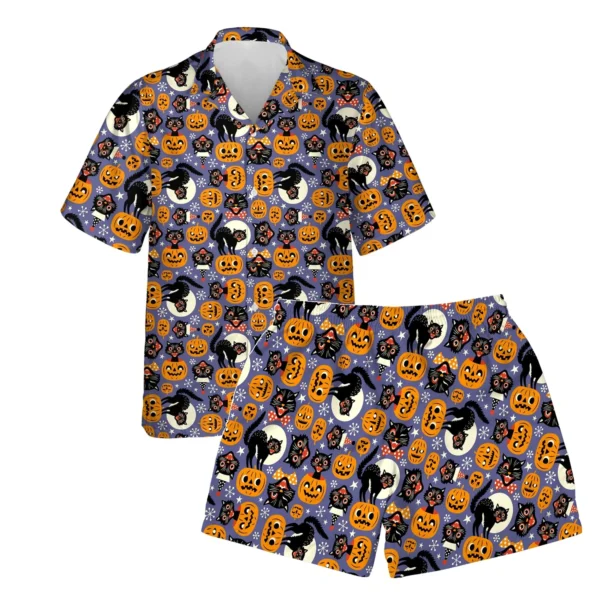 custom face logo halloween black cat hawaiian shirt and shorts set his design