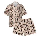custom face logo halloween black cat hawaiian shirt and shorts set mat design 1