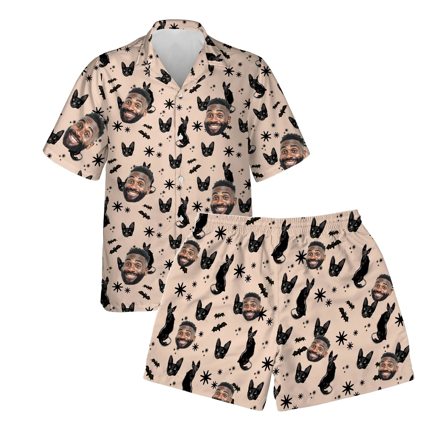 custom face logo halloween black cat hawaiian shirt and shorts set mat 1 1 custom face logo halloween black cat hawaiian shirt and shorts set mat 1 1