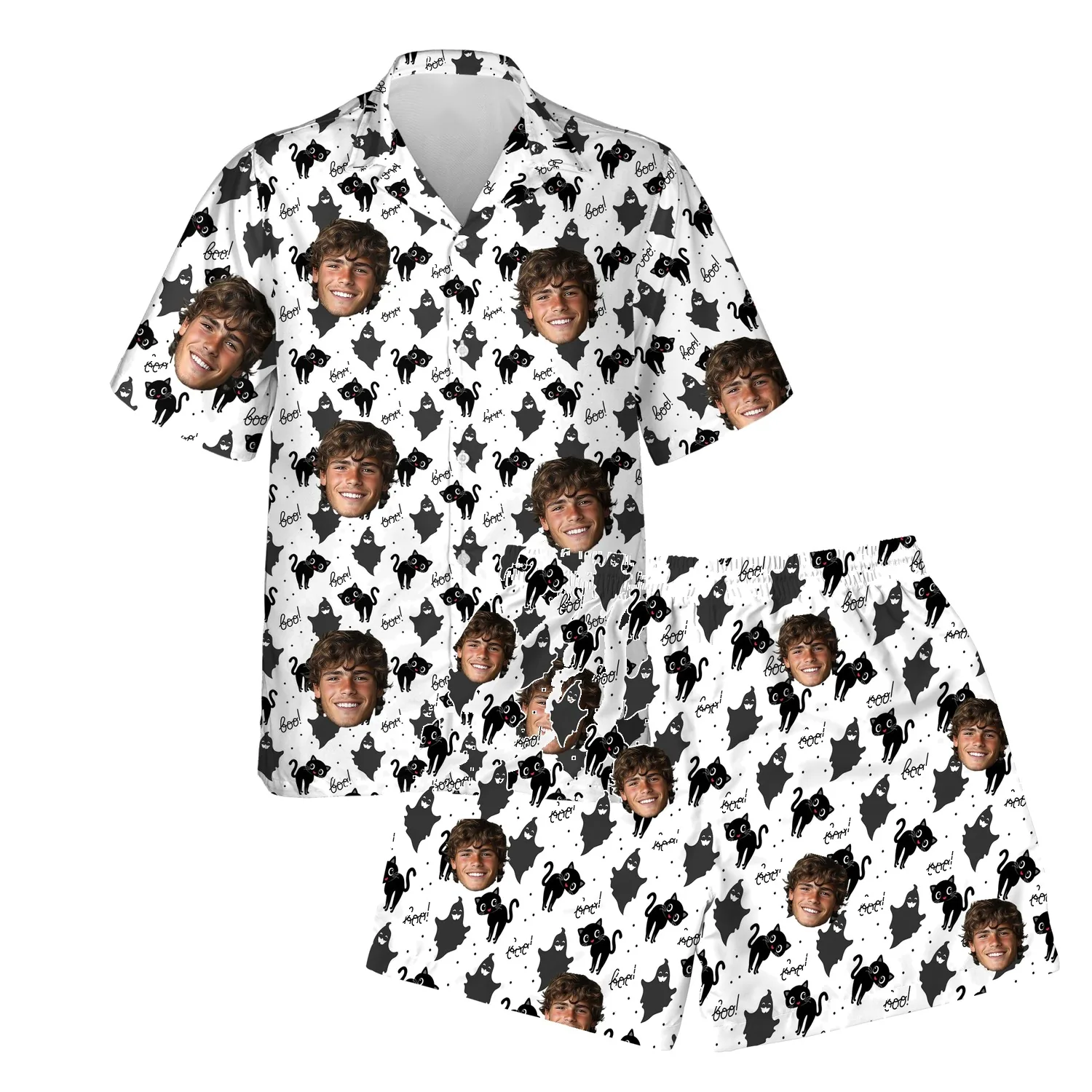 custom face logo halloween black cat hawaiian shirt and shorts set mat 1 2 custom face logo halloween black cat hawaiian shirt and shorts set mat 1 2