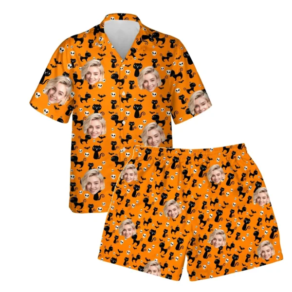 custom face logo halloween black cat hawaiian shirt and shorts set mat 1